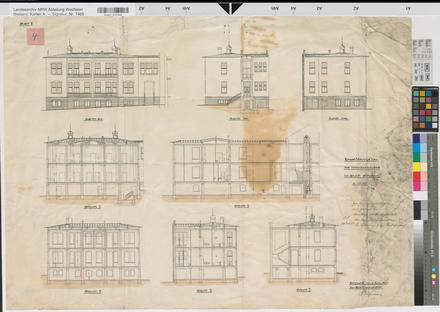 Schwelm (Schwelm) - Erweiterungsbau des Krankenhauses - Ansichten, Schnitte - 1907 - 1 : 100 - 69 x 96 - kol. Zeichnung - Stadtbaumeister - KSA Nr. 1446